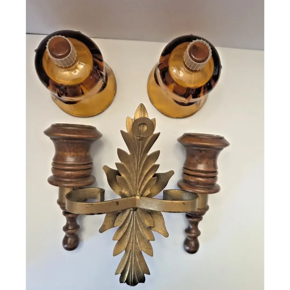 Vintage Homco Double Wall Sconce - Wood, Brass Finish & Amber Glass Sconces
